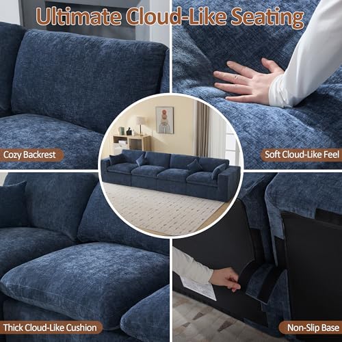 Image of 146''Cloud Boneless Sectional Couch, Modular Sectional Sofa Deep Seat, Oversized Upholstered Convertible Comfy 4 Seater Chenille Memory Foam Sofa Couches for Living Room, Navy