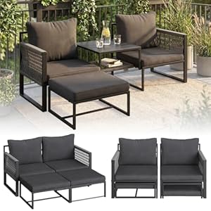 STEELSØN Tyranis Gartenmöbel Set Outdoor 4-TLG inkl. Tisch mit Ablage & Hocker – multifunktionales Balkonmöbel Set mit 6 Kissen – Sitzgarnitur Sessel für 4 Personen – dick gepolstert – Metall schwarz