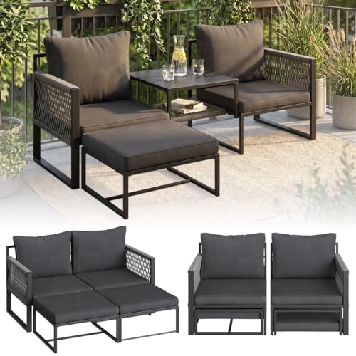 STEELSØN Tyranis Gartenmöbel Set Outdoor 4-TLG inkl. Tisch mit Ablage & Hocker – multifunktionales Balkonmöbel Set mit 6 Kissen – Sitzgarnitur Sessel für 4 Personen – dick gepolstert – Metall schwarz
