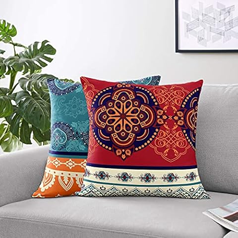 Sweet Jojo Designs Boho Mandala Bohemian Chic Square Accent Decorative Couch set of 2 18x18 Throw Pillow Cover Case Tapestry Turquoise Hipster Hippie Patterned Vintage Colorful Teal Blue Red Orange Cover
