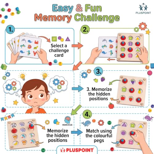 Image of PLUSPOINT Wooden Memory Matching Puzzle Game for Kids | Montessori Memory Match Board with Color Pattern Cards | Educational Brain Training Toy for Preschool Early Learning Age 3+