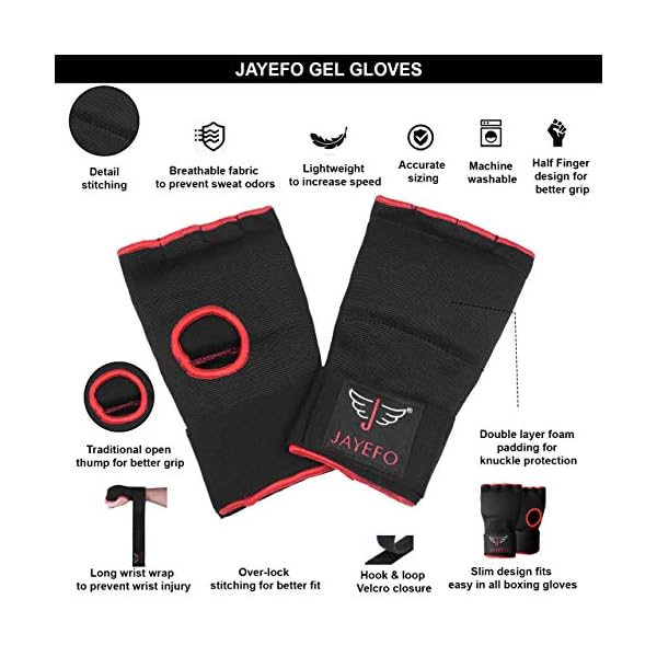 Jayefo Padded Inner Gloves for Boxing - Elastic Hand Wraps with Training Gel - Quick Boxing Wraps and Bandages for Men & Women - Wrist Wrap Protector Handwraps Kuckle Pair - L/XL - Black/Red