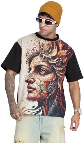Men’s Oversized Graphic Printed T-Shirt – Half Sleeve Cotton Casual Streetwear T-Shirt for Men | Trendy Loose Fit Round Neck Fashion Tee (Beige Graphic)