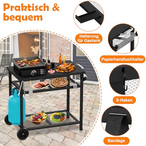 changshengda Outdoor Grillwagen Grilltisch - Beweglicher Pizzaofen Stand Tisch mit Rädern, Essenswagen Tisch für den Außenbereich mit Zwei Mesh Racks für Home Party, Camping, Outdoor