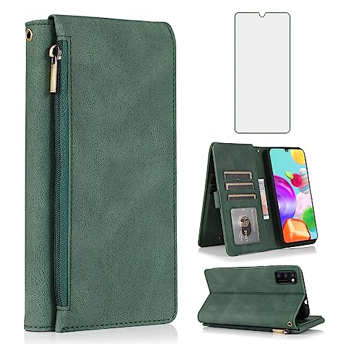 Funda protectora Samsung A41 tarjetero cremallera verde y vidrio templado anticaídas total