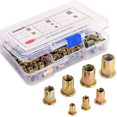 Rivet Nut, LOKMAN 175PCS Metric Rivet Nut Kit Carbon Steel Flat Head Threaded Insert Nut Assorted in M3 M4 M5 M6 M8 M10 M12, Knurled Body (Rivet Nut Kit 1)