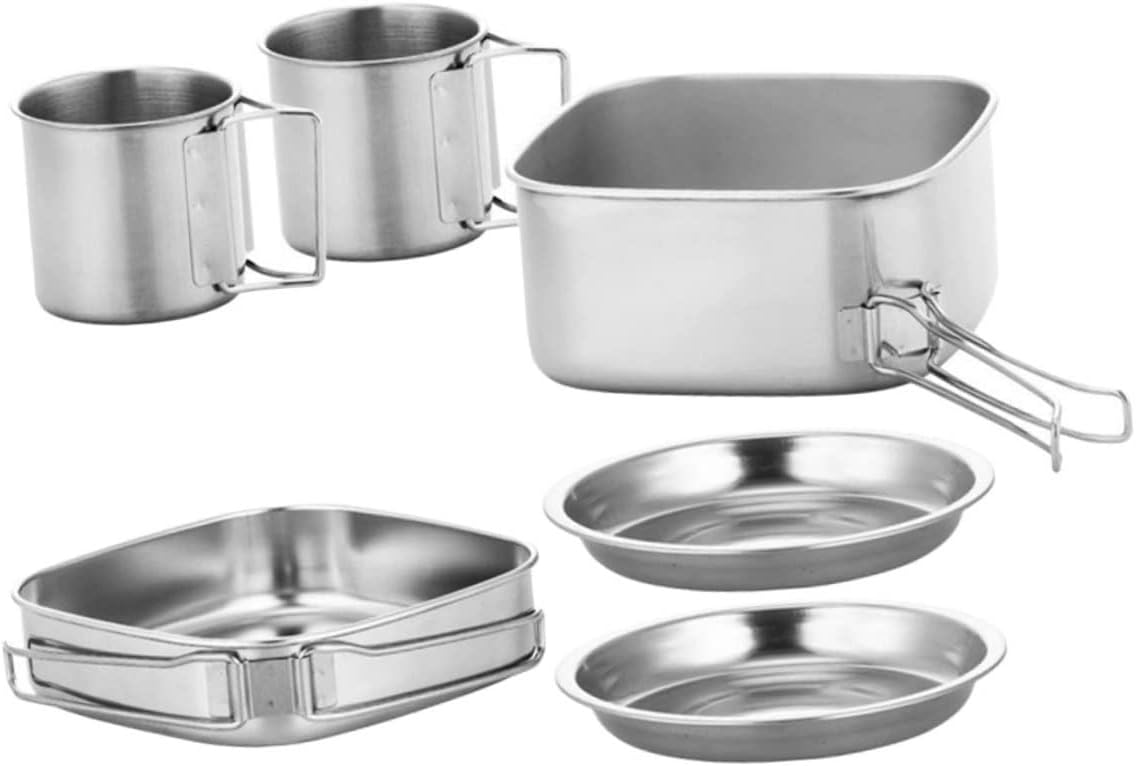 1Set Portable Stainless Steel Camping Cookware of Folding Pot and Pan with Plates Cups for Outdoor Cooking Hiking Picnic and Camping Activities