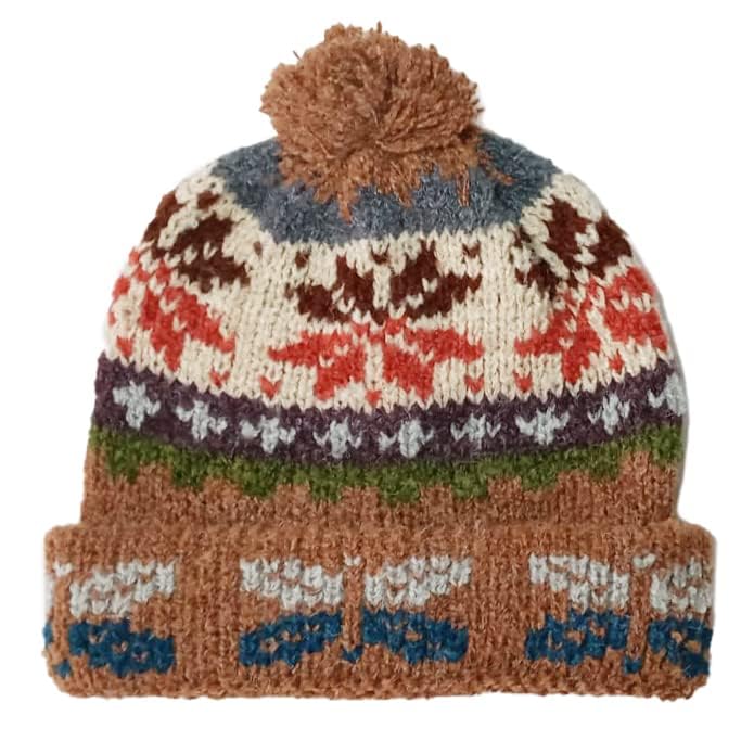 TINKUY Peru Geometric Pom Pom Beanie, Authentic Peruvian Alpaca Woolen Bobble Hats for Men and Women, Unisex, One Size, Camel