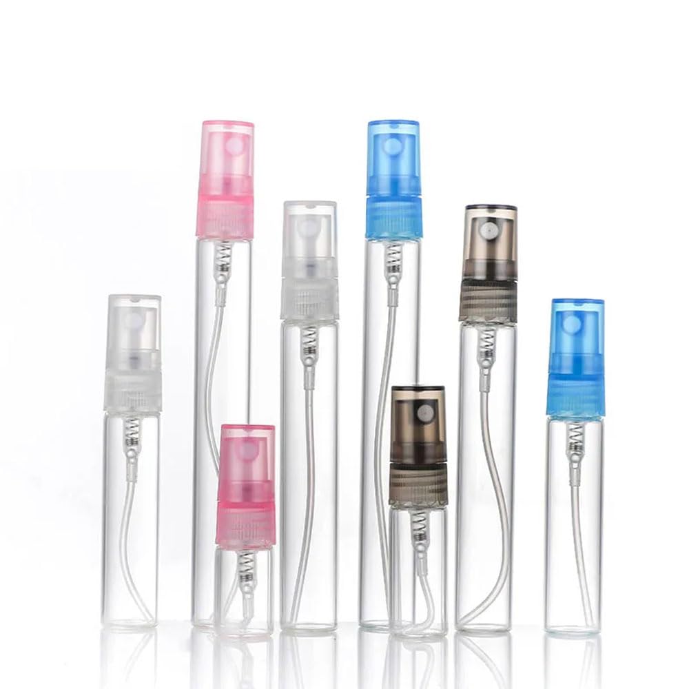 100 unidades de frascos pequeños vacíos transparentes de vidrio para perfume, atomizadores rellenables, con capacidad de 2 a 10 ml, portátiles, ideales para viajes y muestras (100,5ml,Tapón rosa)
