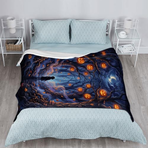 Manta de calabazas y luna mística de Halloween con acabado premium decorativo para cama 6
