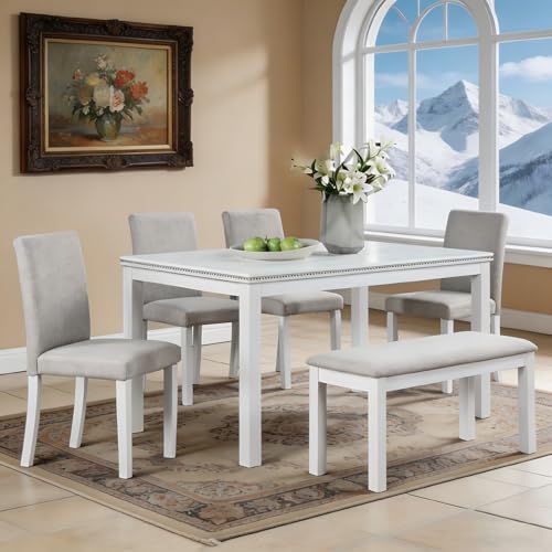 LUMISOL 6-Piece Farmhouse Dining Table Set, Wooden Kitchen Table Set with 4 Upholstered Chairs & Bench for Kitchen, Dining Room, Living Room, White