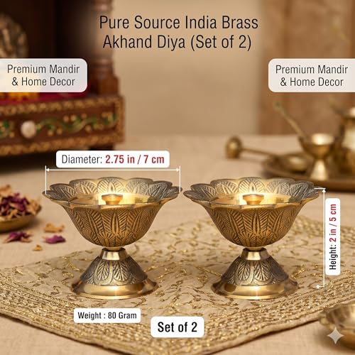 Image of Pure Source India Brass Akhand Diya /Oil Lamp for Pooja, Mandir and Home Decoration (L-2.75inch) 2pcs