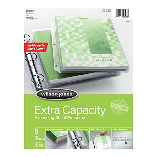 Wilson Jones Extra Capacity Top-Loading Sheet Protectors, 250 Sheet Capacity, Letter Size, 5 Sleeves per Pack, Clear (W21438)