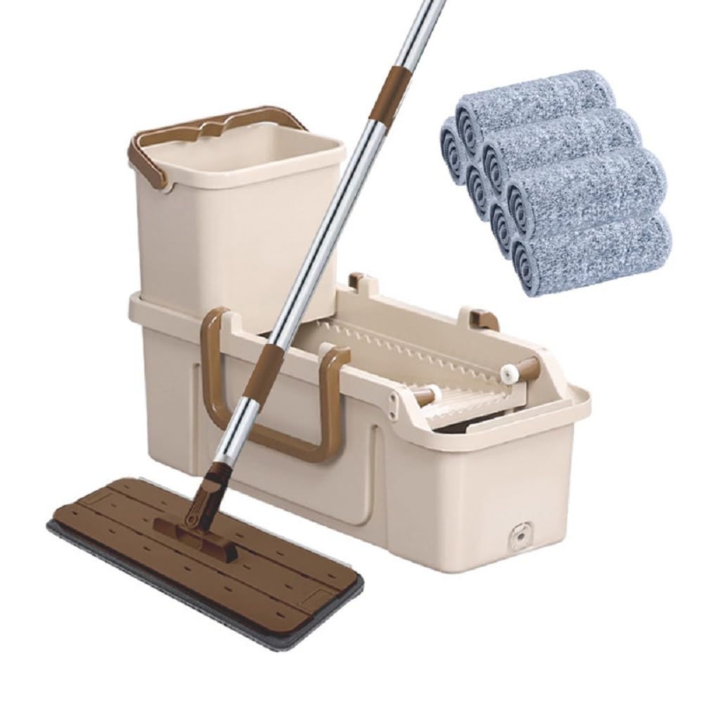 Mopa de microfibra giratoria de 360° y cubo autolimpiante manos libres para limpieza de suelos, almohadillas reutilizables para fregona, incluye 7 paños de microfibra, color marrón, soluciones de