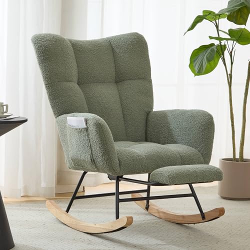 Image of ETCZOYE Nursery Rocking Chair Teddy Upholstered Glider Rocker with Footrest Accent Chair with High Backrest Armchair Comfy Side Pocket Chair for Living Room, Bedroom, Offices (Large Green)