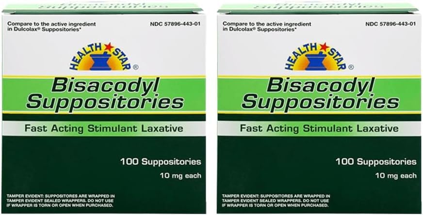 Bisacodyl Suppositories 10mg, Fast-Acting Laxative for Constipation Relief Rectal Suppository for Adults- Stool Softener Medicated Suppositories- Daily Stimulant Laxative (100 Count) (Pack of 2)