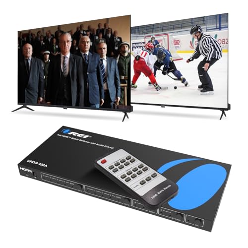 OREI Przełącznik matrycowy 4K HDMI 4 x 2, przełącznik 18G UltraHD z łukiem obsługuje do 4K przy 60Hz i 1080P IR Audio Extractor Arc EDID HDCP 2. - Pilot zdalnego sterowania - pełny wybór matrycy