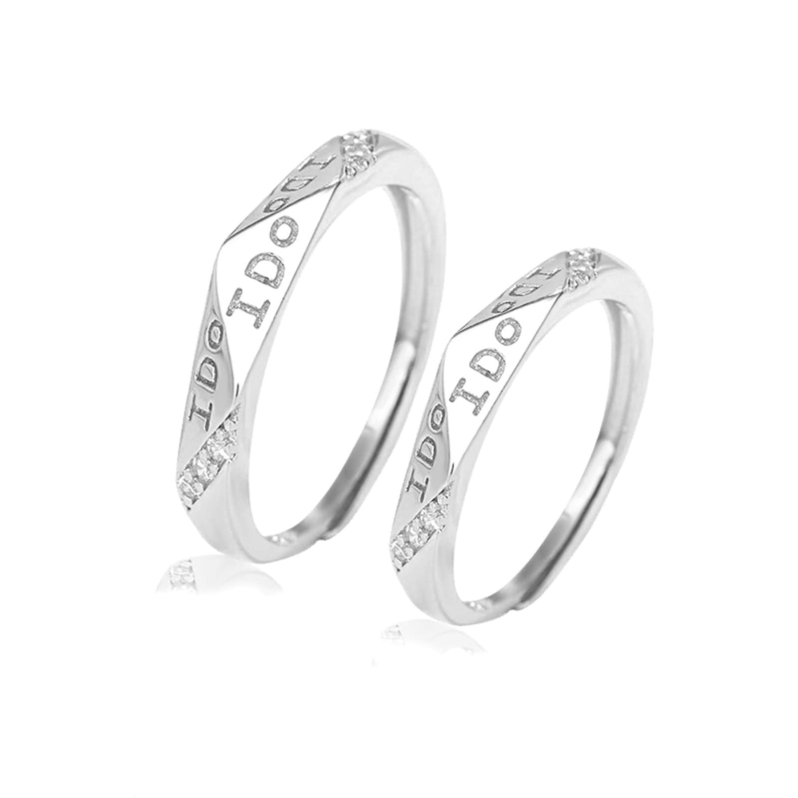 Verstellbare Ringe aus 925er Silber für Paare, Ringschmuck, Hochzeit, Rautenschliff, Gravur „I Do“ aus Silber mit weißen, runden Zirkonia