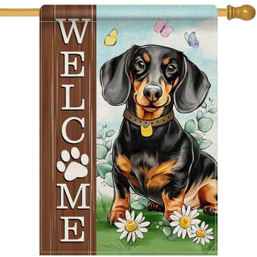 Dyrenson Welcome Dachshund Dog 28 x 40 House Flag Double Sided, Paw Prints Garden Yard Decoration Pet Owner Lover Gift, Spring Summer Burlap Outdoor Decor Decorative Large Flag