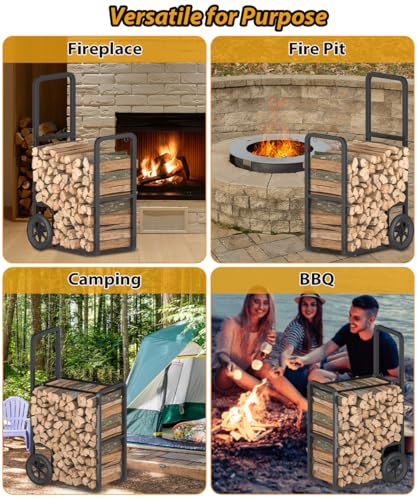 Ardier Easy-Assembly Firewood Cart, Rolling Log Carrier for Outdoor & Indoor Use, Wood Rack Storage Mover for Fireplace & Fire Pit, Heavy-Duty Steel Log Dolly Hauler with Rubber Wheels, Black - Thumbnail 7