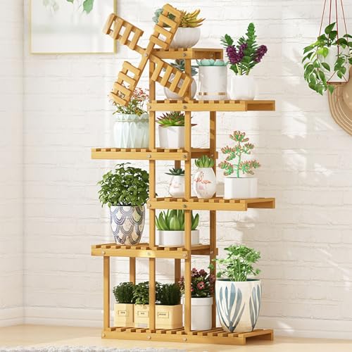 フラワースタンド楠竹ガーデンラック多肉植物 観葉植物 ラック室内 屋外 観葉植物 花台 組み立てが簡単 室内 おしゃれベランダ 玄関 園芸ラック花屋/オフィス/リビング/ベランダに適用 新築祝い プレゼント (6層60 × 24.5 × 120cm, 原木