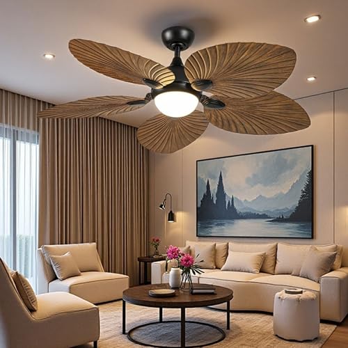 DWVO 52" Indoor Ceiling Fan with Light Kit & Remote - Tropical Palm Leaf Blades, Reversible Quiet DC Motor, 6-Speed Settings for Bedroom, Living Room, Dining Room