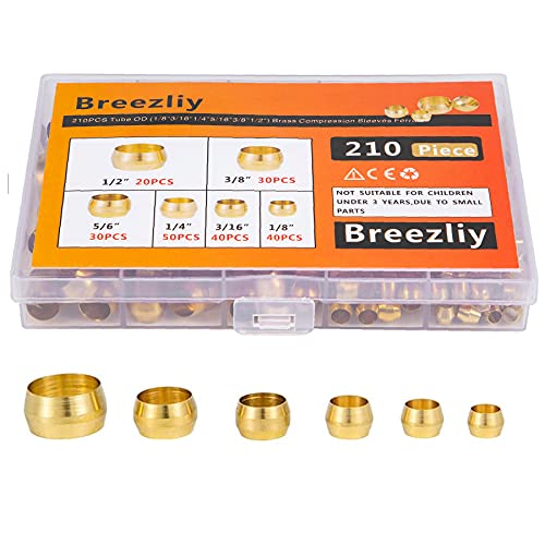Breezliy 210Pcs Tube Od(1/8 Inch 3/16 Inch 1/4 Inch 5/16 Inch 3/8 Inch 1/2") Brass Compression Sleeves Ferrules,6 Sizes Brass Compression Fitting Assortment Kit cover