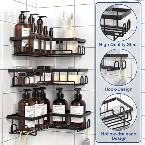 Diwoker Estanteria Baño sin Taladro, Estante Rinconera Ducha con Adhesivo, Baldas Baño Organizador Ducha, Accesorios Ducha (Negro, 3 Cesta) - imagen 3