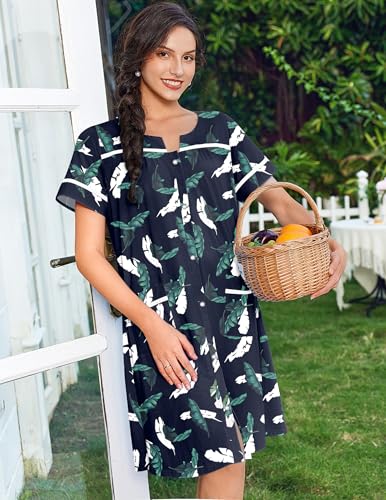 Image of Ekouaer Nightgowns for Women House Dress with Pockets Snap Front House Coat Short Sleeve Duster Moo Moos Sleepwear S-3XL