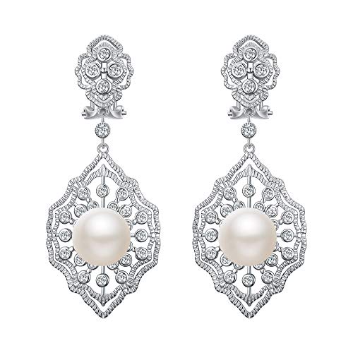 EVER FAITH 925 Sterling Silver CZ 10MM Pearl Art Deco 1920s Prom Rhombic Chandelier Dangle Earrings