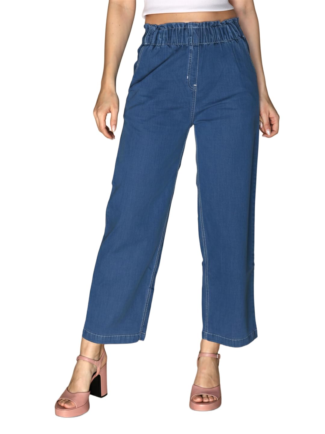 Women’s Denim Flare Pants with Wide Pockets | Elastic High Waist | Soft Cotton Blend | Stylish Wide Leg Casual Trousers-image-22