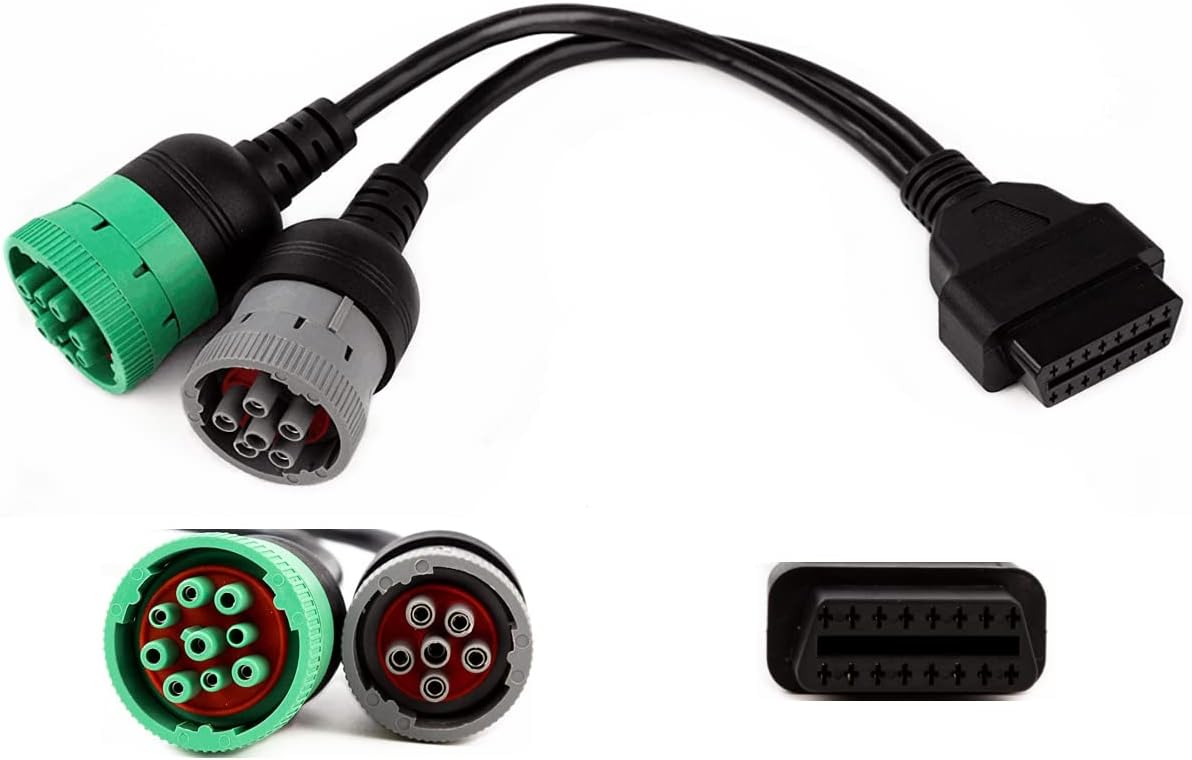 YPP OBD to Type 2 Green9p J1939 and 6p J1708 Split Y Cable for Diesel Truck Diagnostics