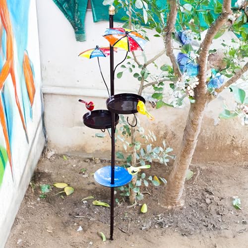 Image of Kraftskala Outdoor Bird Feeder with Water Bowl & Two Seed Trays, Rust-Resistant 2-Part Metal Pole - Perfect Garden or Backyard Decor for Bird Watching and Feeding