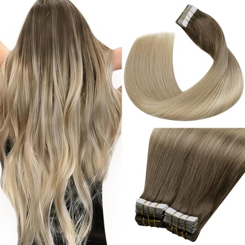 Image of LaaVoo Tape in Hair Extensions Human Hair Ombre Tape in Extensions Balayage Brown to Ash Blonde Mix Platinum Blonde Hair Extension Tape on 14 Inch 40pcs 100g
