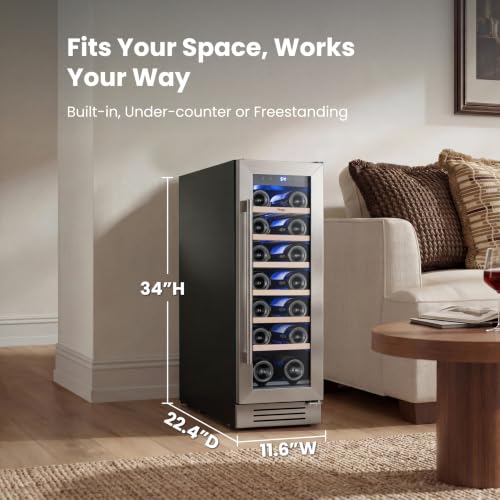 Image of Yeego Wine Fridge Cooler - 12 Inch Wine Fridge Hold 20 Bottles, 40-65F Wine Refrigerator Glass Door, Built in, Freestanding or Under Counter Fridge for Home Bar Office