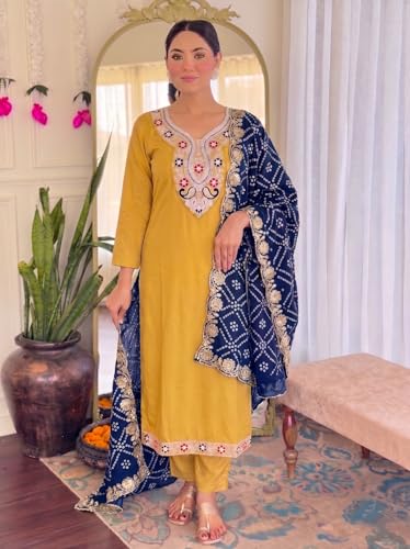 Image of Women Fabulous Mustard Kurta Ensemble with Bandhani Embroidered Dupatta Festive Ethnic Set