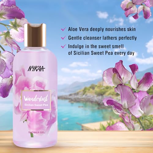 Image of Nykaa Wanderlust Bath and Body Sicilian Sweet Pea Shower Gel,300 Ml|Nourishes & Hydrates|Gentle Cleanser|Sweet Smell |Enriched With Aloe Vera|Paraben-Free,Vegan|Suitable For All Skin Types