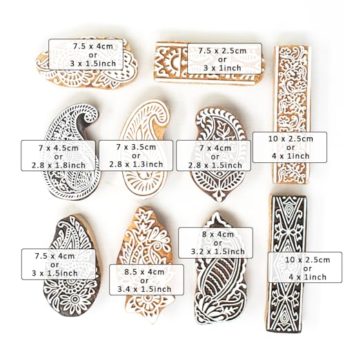 Image of Hashcart Wooden Indian Traditional Design Printing Stamps / Blocks for Printing Saree Border / Dresses / Craft Card Making / Scrapbook / Clay Pottery (Set of 10)
