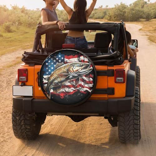 Image of Delerain Bass Fish American Flag Spare Tire Cover for RV Trailer SUV Truck and Many Vehicle, Wheel Covers Sun Protector Waterproof (15 Inch for Diameter 27 inch-29 inch)