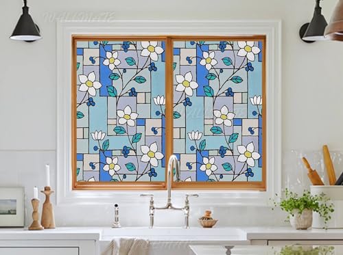 Image of WALLMATE Self Adhesive Window Film Frosted 3D Glass Door Window Frosted Film for Home /Office /Bathroom & Living Room Multicolor Frosted Film (16 x 175 Inch, Jasmin Flower)