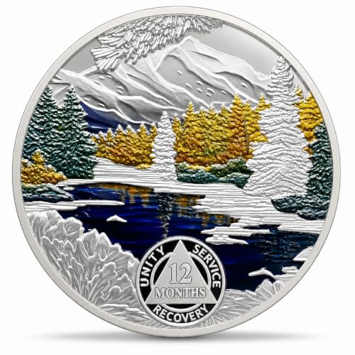 Image of Imasoner 12 Month Sobriety Coin, 1 Year Sober AA Medallion Chip Token | Mountain Lake Recovery Token with Inspirational Quote, Alcoholics Anonymous Sobriety Milestone Gift for Men & Women
