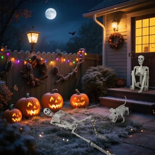 Image of Lighted Human & Dog Skeleton Halloween Decorations Outdoor /Indoor - 36 Inch Realistic Full Body Movable Posable Skeleton Spooky Halloween Decor for Garden Yard Porch Party Haunted Graveyard