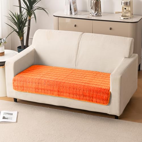 Image of HOKIPO 'Plush Haven' Premium Sofa Mat for 2 Seater Sofa - Soft Fluffy Fabric with Anti-Slip Backing, Orange (AR-5033-OR*1)