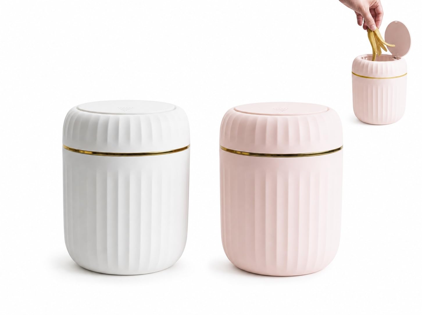 ZHUOmengyun 2 Pcs Desktop Bin with Press Type Lid, 3L Plastic Small Bin Mini Desktop Trash Can Waste Bin for Bedroom Kitchen Home Office Vanity Tabletop (Pink+White)