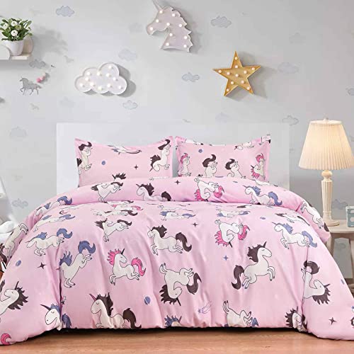 Nanko Full Size Duvet Cover Set, Girls Pink Unicorn/Stars Print Pattern, Microfiber Comforter Preppy Quilt Bedding Cover With Zip Ties - Modern Cute Bed Sets For Women Teen, 3Pc 80X90 Inch #TOP1