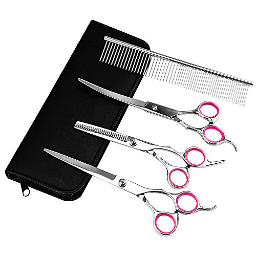 Number-One Pro Premium Pet Grooming Scissors Set, 4 Pieces Stainless Steel Pet Trimmer Kit, Used for Dog or Cat - With 7.5-inch Cutting Scissors, Thinning Shear, Curved Scissors, Grooming Comb