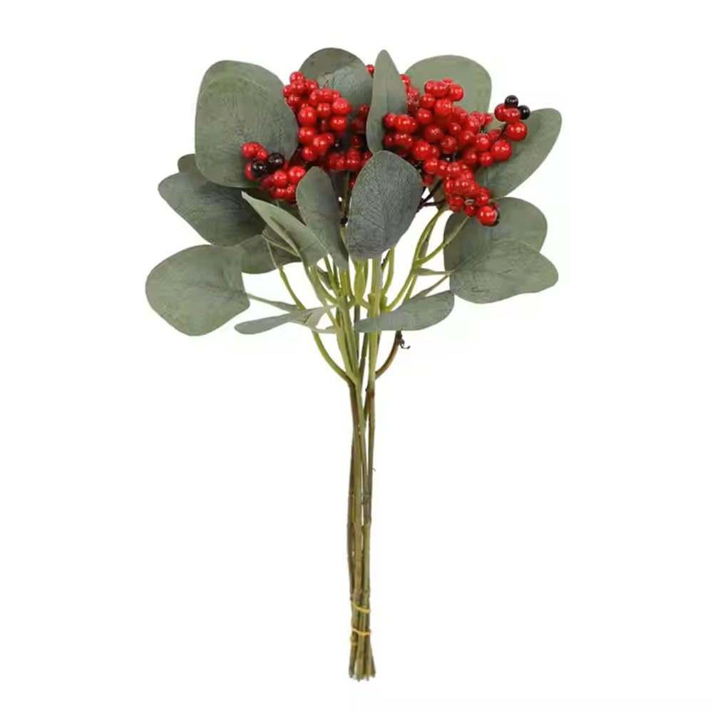 SPHINX Artificial Eucalyptus Berry Sticks–1 Set of 6 Pcs, Faux Greenery Plant Stems for Home Decor, Vase Arrangement, DIY Crafts, Gift Packing, Festival, Basket, Tray & Trousseau Decor (6, Red)