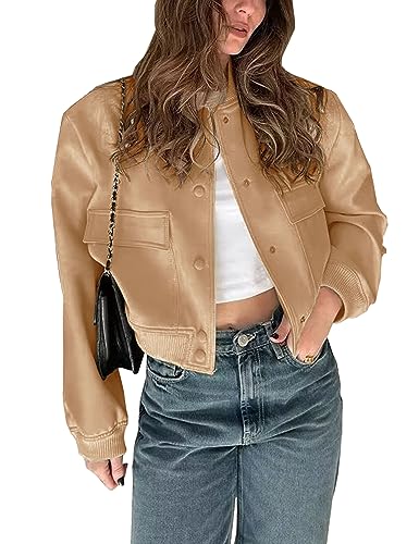 Megfie - Chaqueta bomber corta con botones para mujer, chaquetas universitarias con bolsillos, Marrón, S