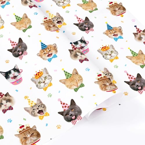 WERNNSAI Cat Birthday Wrapping Paper - 6 Sheets 19.7 x 27.5 White Cat Gift Wrapping Paper for Kids Birthday Party Gift Packing Supply Funny Cute Theme Decor Favor