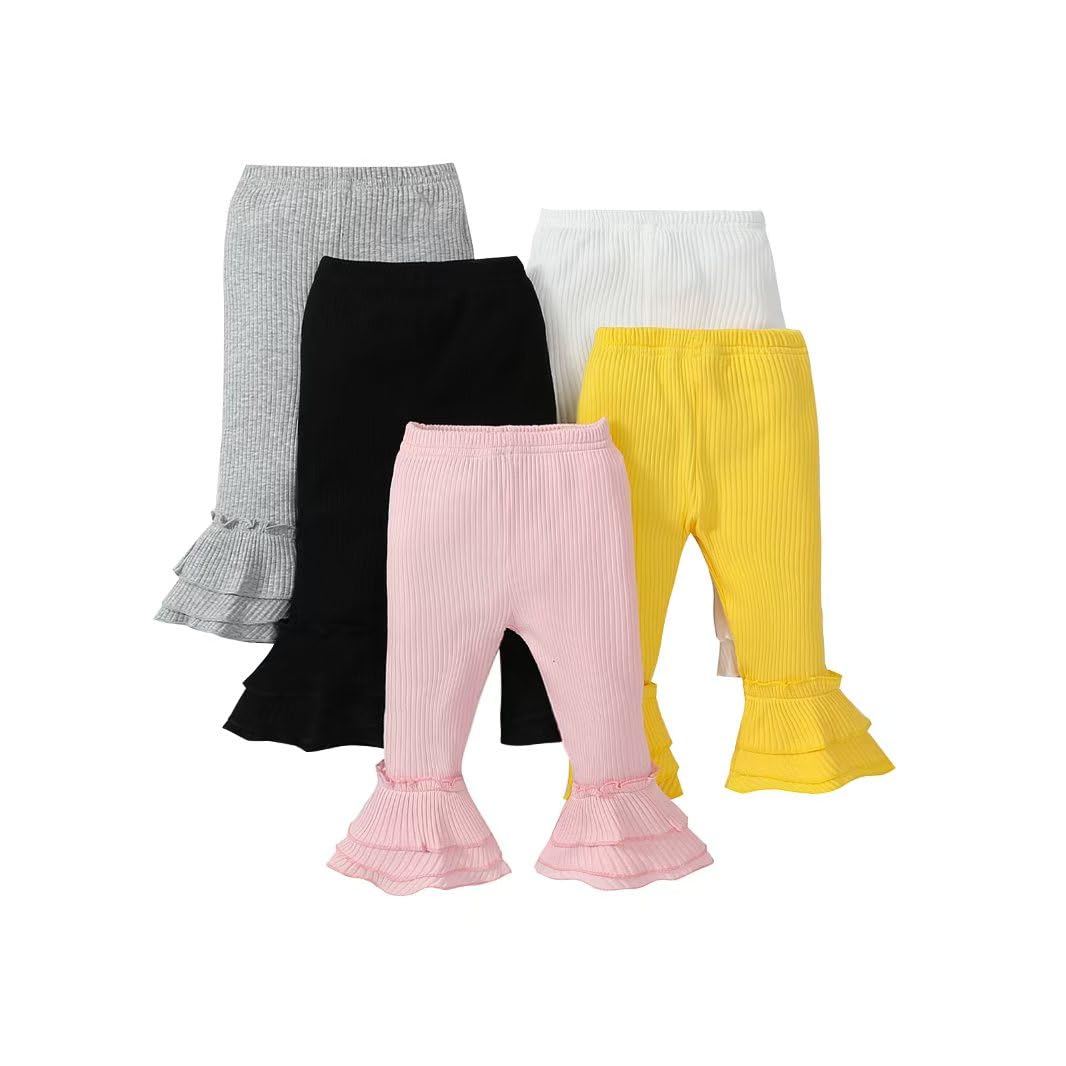 LYQTloml Toddler and Baby Girl Stretchy Flare Pants with Ruffle Fleece Pants and Leggings 5-Pack Colorful